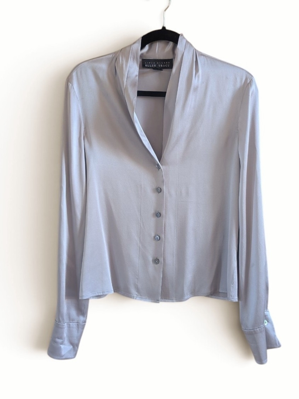 Linda Allard Ellen Tracy Silk Stretch Blouse Silver Gray Shawl Collar